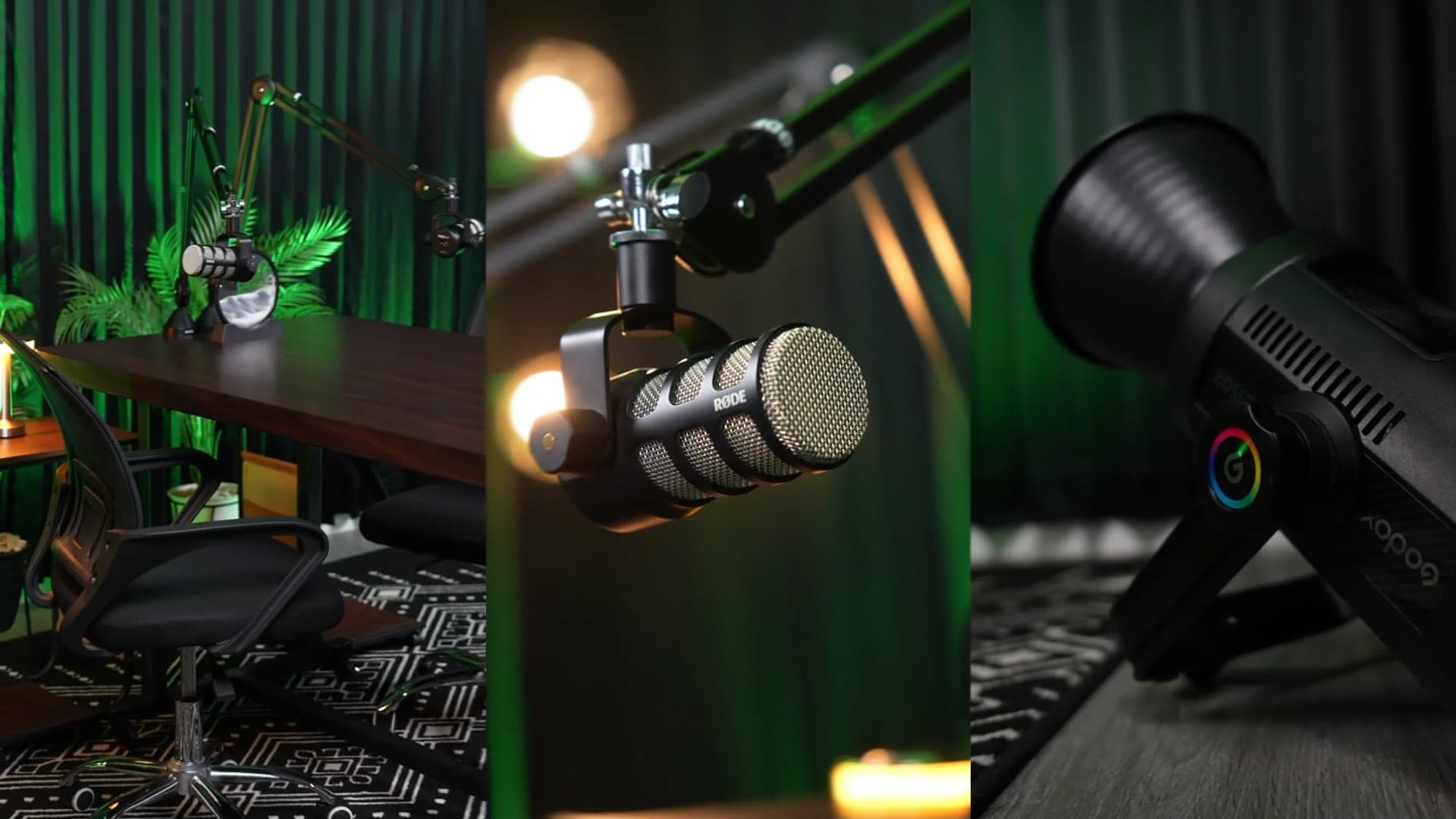 Meja podcast dengan mic boom arm RODE dan pencahayaan hijau sinematik