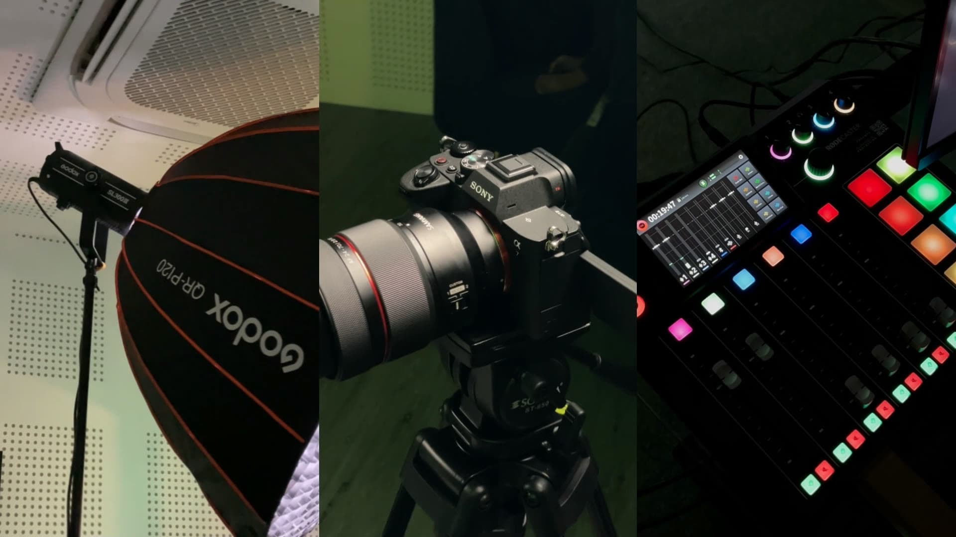 Peralatan produksi: lighting Godox, kamera Sony di tripod, dan mixer RODEcaster